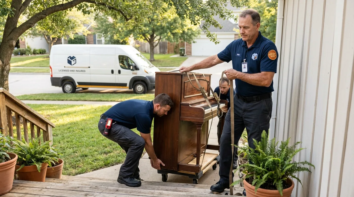 Licensed piano movers securing grand piano in Sturgeon, PA