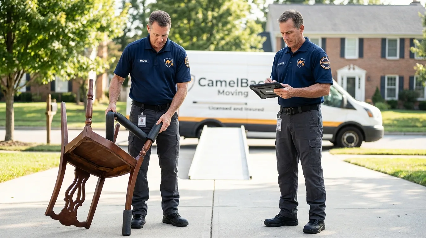 Movers inspecting furniture for damage prevention before loading in Sturgeon, PA