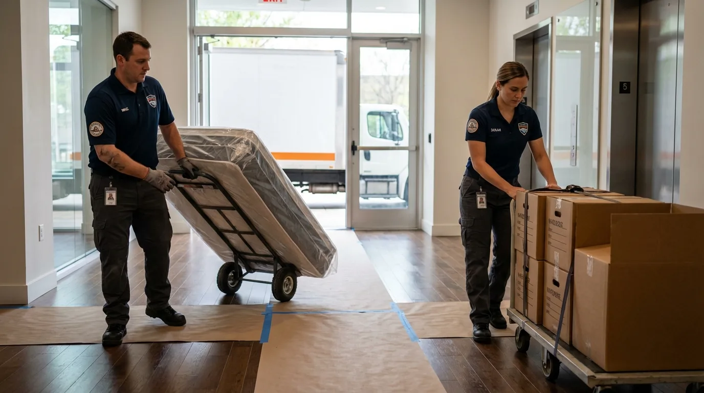 Professional apartment movers loading elevator in Sturgeon, PA
